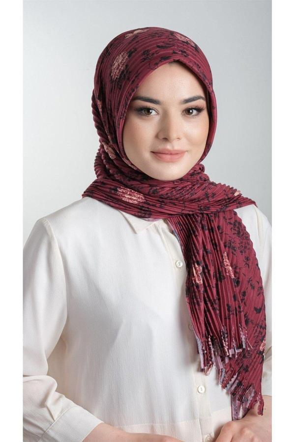 Hürrem Bone Bordo Pratik Hazır Geçmeli Tesettür Eşarp Kesik Elyaf Piliseli Çiçek Desenli 1818D6_16 - Image 1