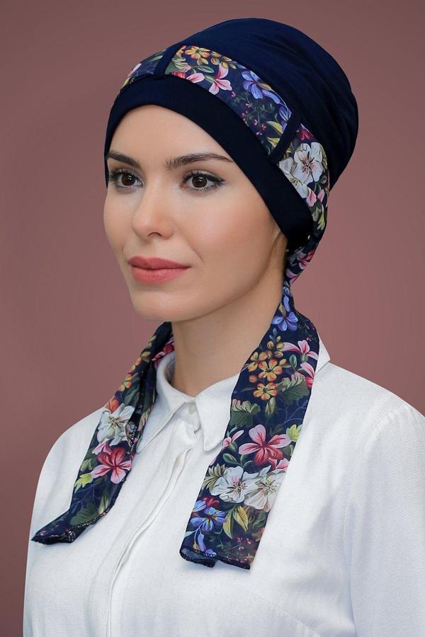 Hürrem Bone Lacivert Pratik Hazır Geçmeli Tesettür Bone Sandy Kumaş Desenli Şifon Kemerli 1205D_02 - Image 1