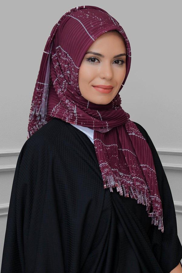 Hürrem Bone Bordo Pratik Hazır Geçmeli Tesettür Eşarp Kesik Elyaf Piliseli Çizgili Desenli 1818D2_16 - Image 1