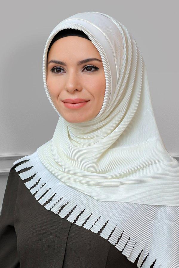 Hürrem Bone Krem Pratik Hazır Geçmeli Tesettür Eşarp Fukuro Piliseli Saçaklı Lazer Kesim 1820_40 - Image 1