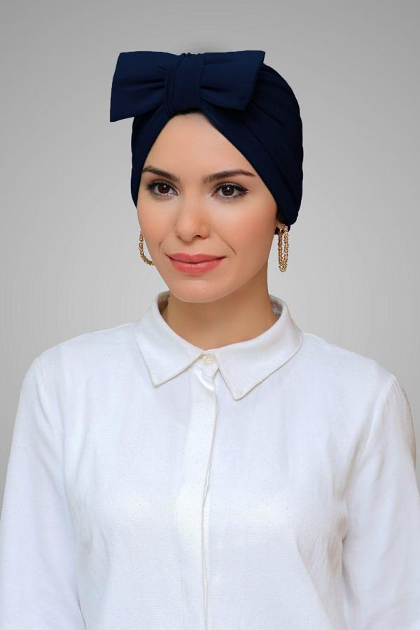 Hürrem Bone Lacivert Pratik Hazır Geçmeli Tesettür Bone Sandy Kumaş Fiyonklu Büzgülü 7006_02 - Image 1