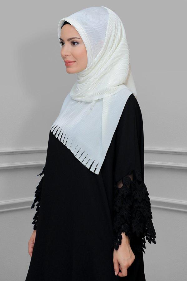 Hürrem Bone Krem Pratik Hazır Geçmeli Tesettür Eşarp Fukuro Piliseli Saçaklı Lazer Kesim 1828_40 - Image 1