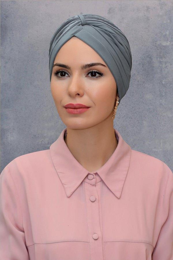 Hürrem Bone Gri Pratik Hazır Geçmeli Tesettür Bone Fukuro Sandy Kumaş Büzgülü 1831_15 - Image 1