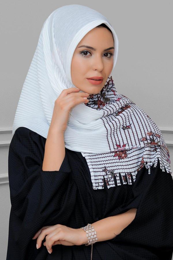 Hürrem Bone Krem Pratik Hazır Geçmeli Tesettür Eşarp Kesik Elyaf Piliseli Çiçek Desenli 1818D1_40 - Image 1