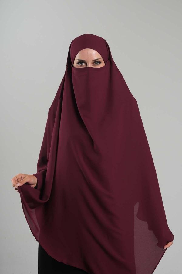 Hürrem Bone Bordo Pratik Hazır Geçmeli Tesettür Eşarp Krep Bağcıklı Çift Katlı Sufle Hijab 2314_16 - Image 1