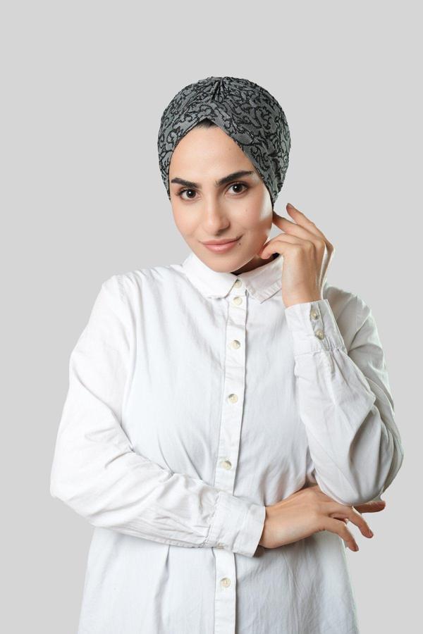 Hürrem Bone Gri Pratik Hazır Geçmeli Tesettür Bone Jakar Kendinden Desenli 1209_15 - Image 1