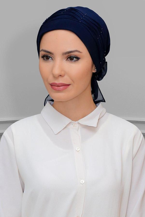 Hürrem Bone Lacivert Pratik Hazır Geçmeli Tesettür Bone Sandy Kumaş Incili Pileli Nervürlü Güllü 1805_02 - Image 1