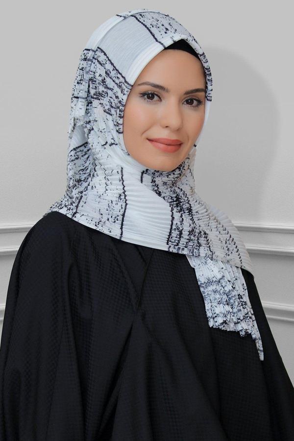 Hürrem Bone Krem Pratik Hazır Geçmeli Tesettür Eşarp Kesik Elyaf Piliseli Çizgili Desenli 1818D2_40 - Image 1