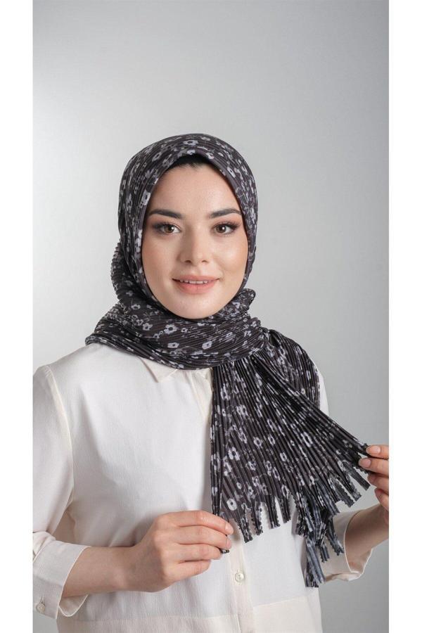 Hürrem Bone Siyah Pratik Hazır Geçmeli Tesettür Eşarp Kesik Elyaf Piliseli Çiçek Desenli 1818D7_01 - Image 1