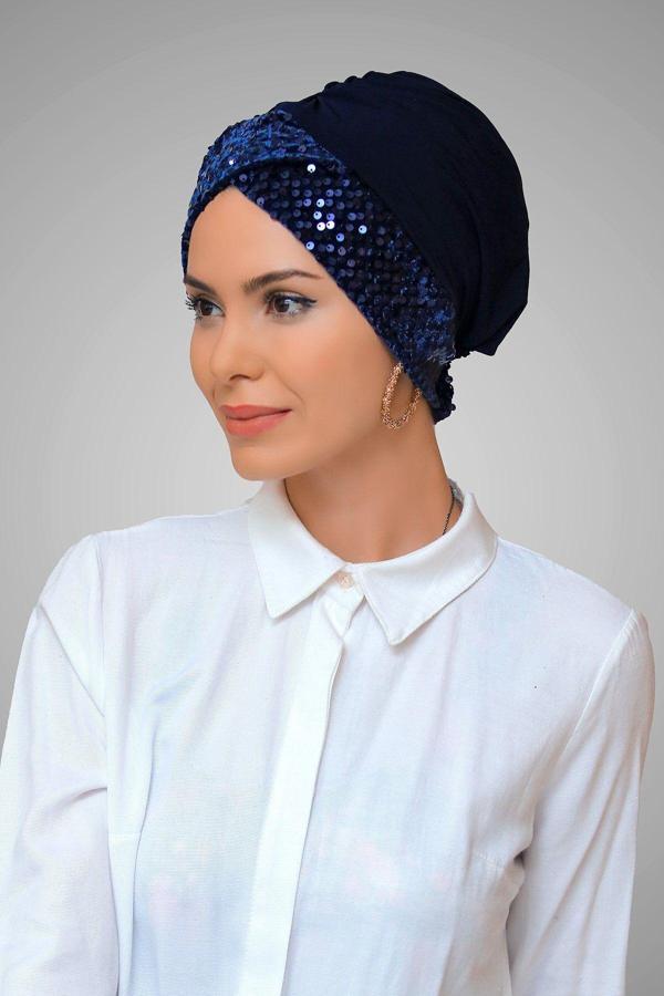 Hürrem Bone Lacivert Pratik Hazır Geçmeli Tesettür Bone Sandy Kumaş Pullu Tek Çapraz 1907_02 - Image 1