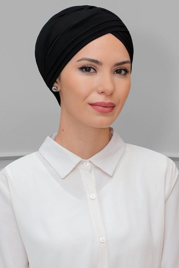 Hürrem Bone Siyah Pratik Hazır Geçmeli Tesettür Bone Sandy Kumaş Üç Çapraz 1803_01 - Image 1