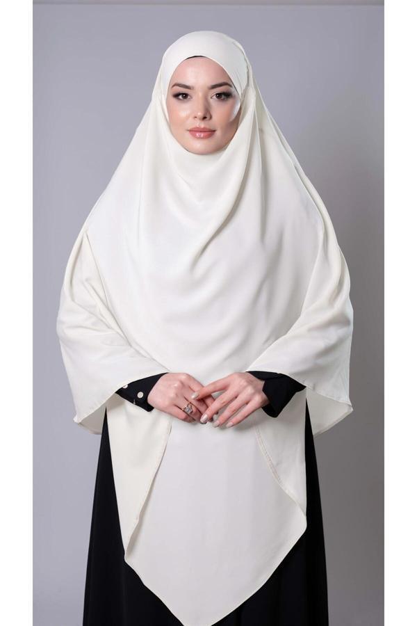 Hürrem Bone Krem Pratik Hazır Geçmeli Tesettür Eşarp Medine İpeği Bağcıklı Sufle Hijab 2301_40 - Image 1