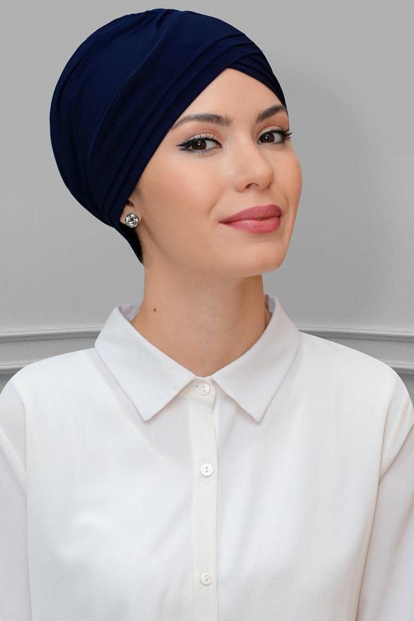 Hürrem Bone Lacivert Pratik Hazır Geçmeli Tesettür Bone Sandy Kumaş Üç Çapraz 1803_02 - Image 1