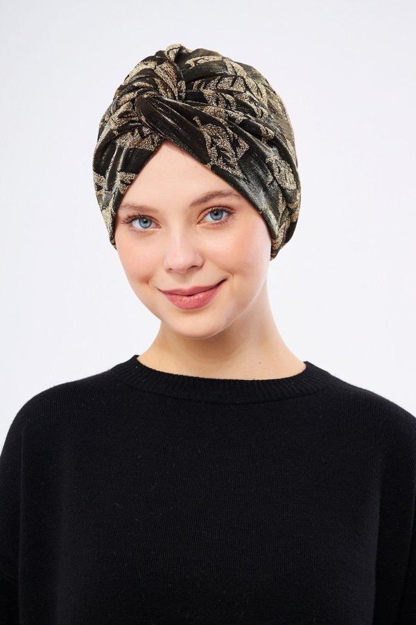 Hürrem Bone Siyah Simli Büzgülü Tesettür Bone Jakar Çiçek Desenli 2317_01 - Image 1