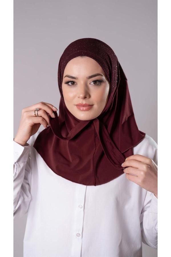 Hürrem Bone Bordo Pratik Hazır Geçmeli Tesettür Eşarp Sandy Kumaş Arkadan Çıtçıtlı 2206_16 - Image 1