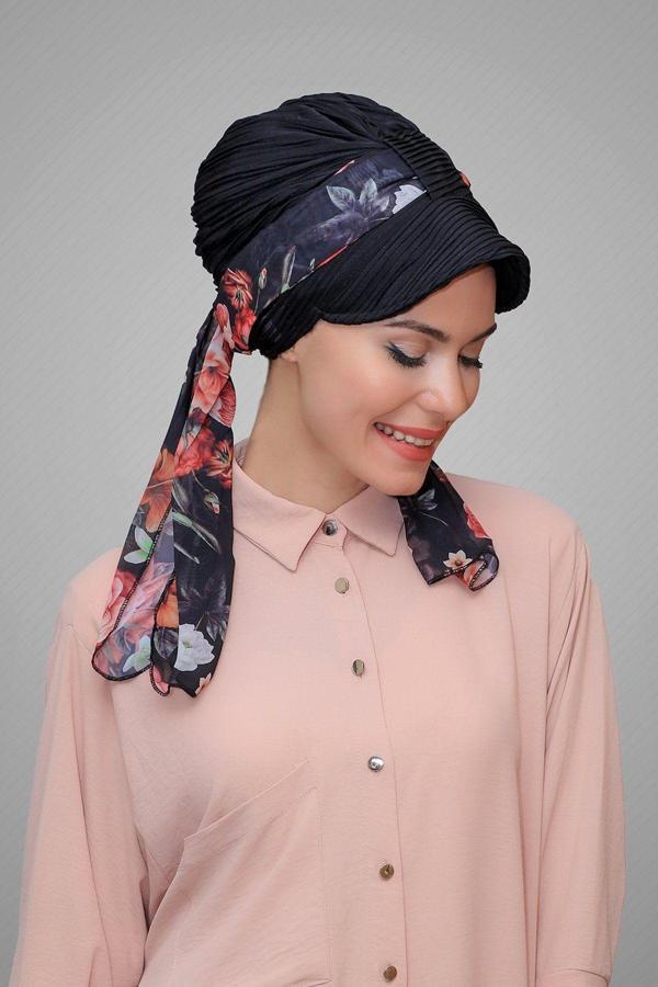 Hürrem Bone Siyah Şapkalı Tesettür Bone Kesik Elyaf Desenli Şifon Kemerli 1902_01 - Image 1