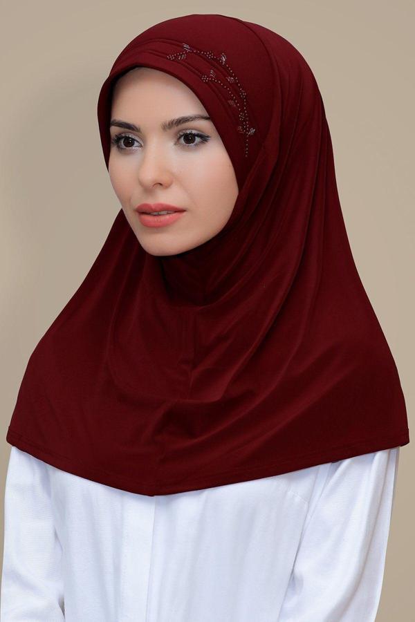 Hürrem Bone Bordo Pratik Hazır Geçmeli Tesettür Eşarp Sandy Kumaş Elişi Çiçek Işlemeli Laleli 1603_16 - Image 1