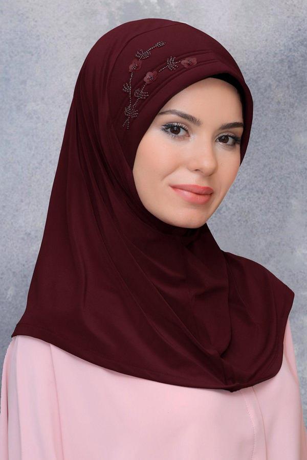 Hürrem Bone Bordo Pratik Hazır Geçmeli Tesettür Eşarp Sandy Kumaş Elişi Çiçek Işlemeli Pullu 1604_16 - Image 1