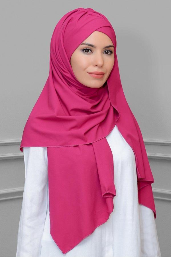 Hürrem Bone Fuşya Pratik Hazır Geçmeli Bone Şal Krep Mevsimlik Tek Bantlı 1453K_20 - Image 1