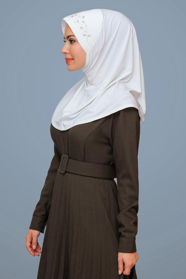 Hürrem Bone Krem Pratik Hazır Geçmeli Tesettür Eşarp Sandy Kumaş Elişi Çiçek Işlemeli Laleli 1603_40 - Image 1