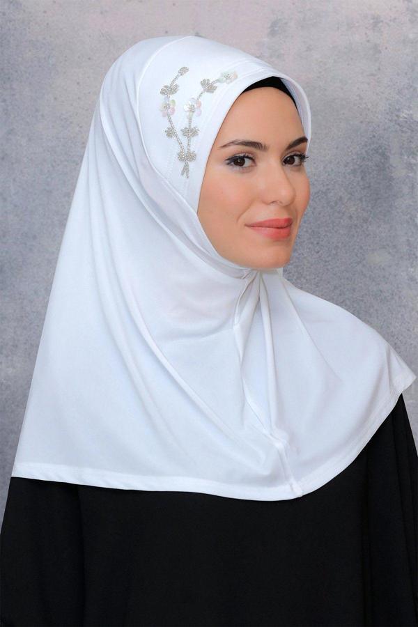 Hürrem Bone Krem Pratik Hazır Geçmeli Tesettür Eşarp Sandy Kumaş Elişi Çiçek Işlemeli Pullu 1604_40 - Image 1