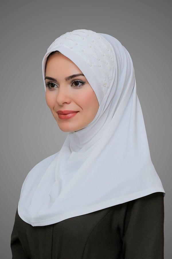 Hürrem Bone Krem Pratik Hazır Geçmeli Tesettür Eşarp Sandy Kumaş Işlemeli Incili Taşlı 1605_40 - Image 1