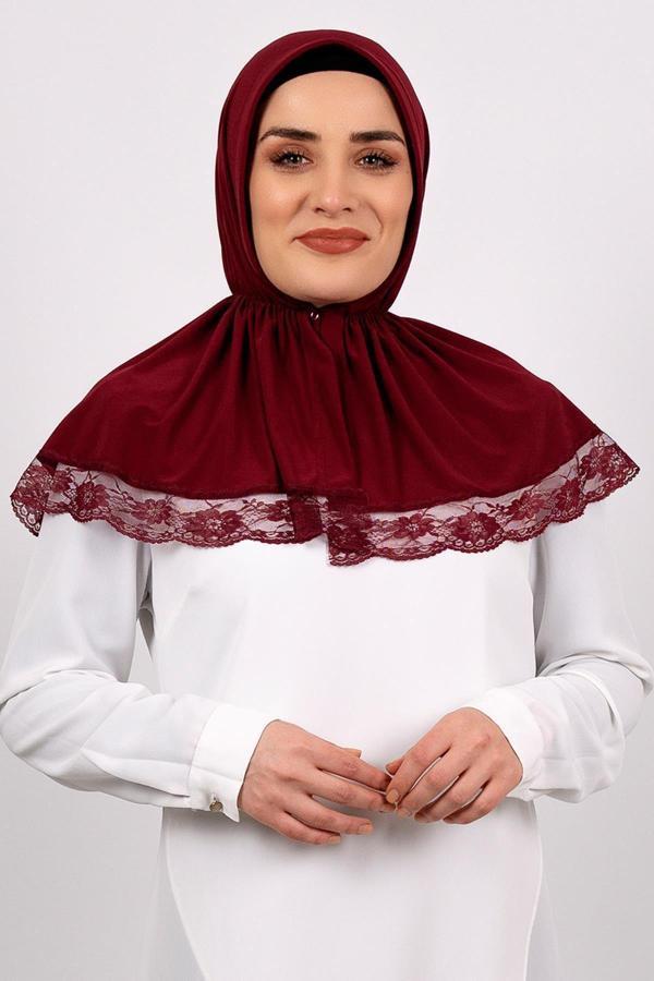 Hürrem Bone Bordo Pratik Hazır Geçmeli Tesettür Eşarp Viskon Kumaş Çıtçıtlı Dantelli 2105_16 - Image 1
