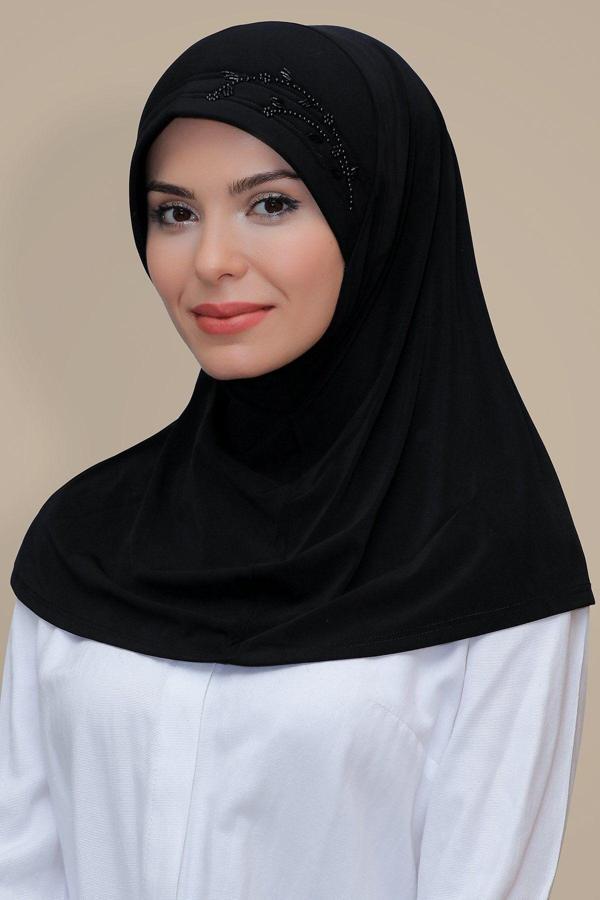 Hürrem Bone Siyah Pratik Hazır Geçmeli Tesettür Eşarp Sandy Kumaş Elişi Çiçek Işlemeli Laleli 1603_01 - Image 1