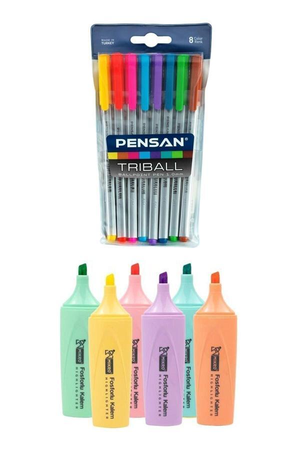 Pensan Triball Tükenmez Kalem 8 Renk + Mikro 6 Renk Pastel Fosforlu - Image 1