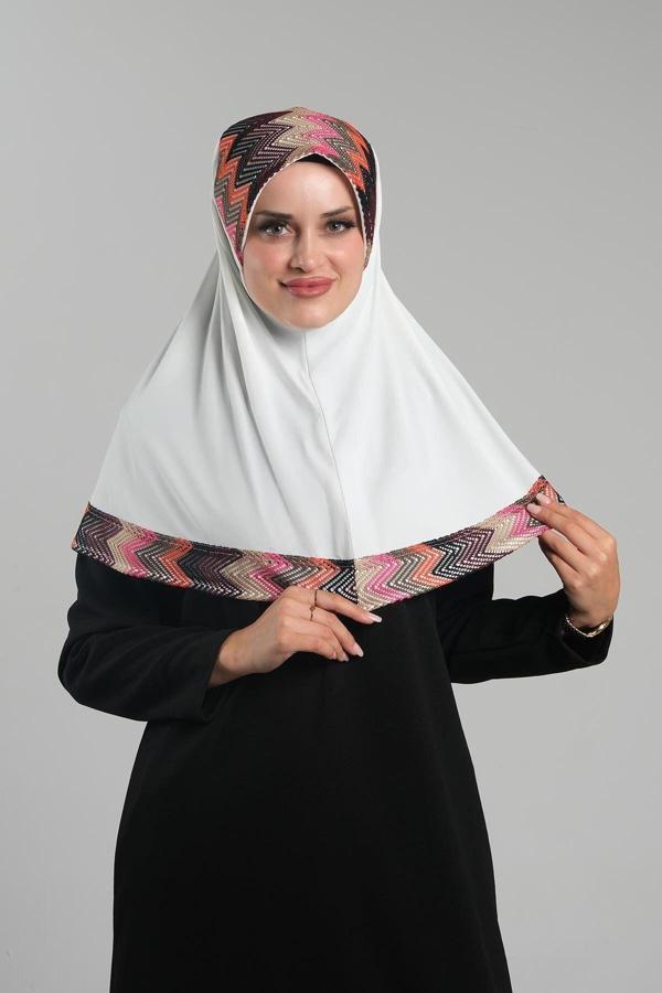 Hürrem Bone Krem Pratik Hazır Geçmeli Tesettür Eşarp Sandy Renkli Desenli Fileli 2401_40 - Image 1