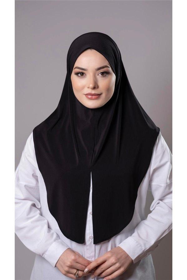 Hürrem Bone Siyah Pratik Hazır Geçmeli Tesettür Eşarp Sandy Kumaş Yırtmaçlı Düz Hijab 2310_01 - Image 1