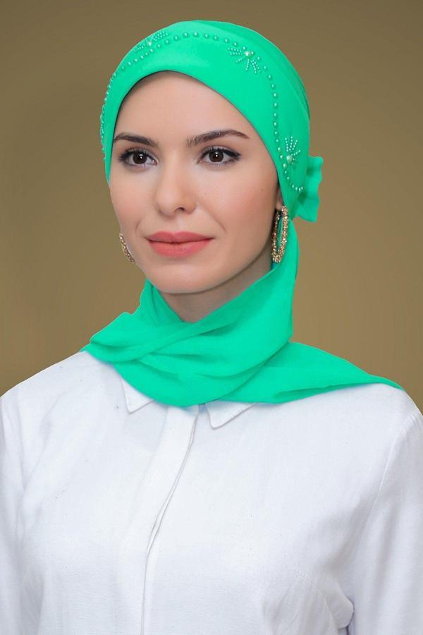 Hürrem Bone Su Yeşili Pratik Hazır Geçmeli Tesettür Bone Sandy Kumaş Güllü Işlemeli Şifon Atkılı 1206A_32 - Image 1