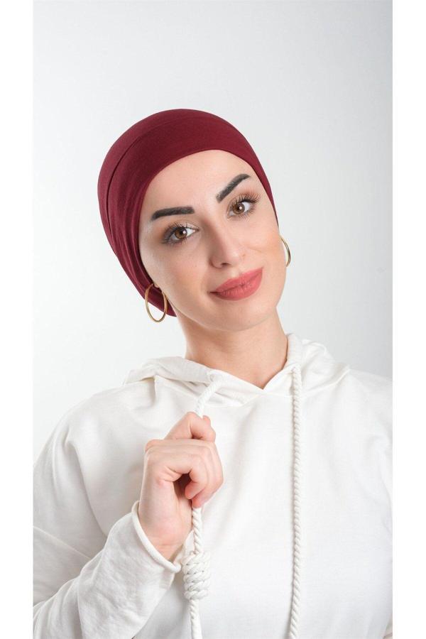 Halven Bordo Pratik Hazır Geçmeli Tesettür Bone Viskon Kumaş Sade 3003_16 - Image 1