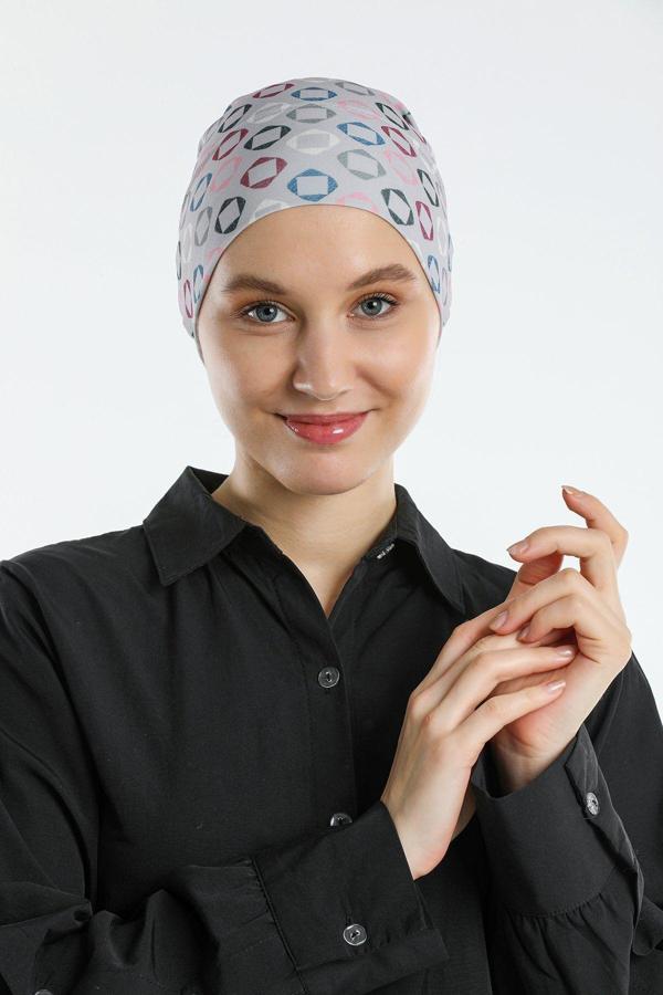 Hürrem Bone Gri Pratik Hazır Geçmeli Tesettür Bone Sandy Kumaş Geometrik 2117_15 - Image 1
