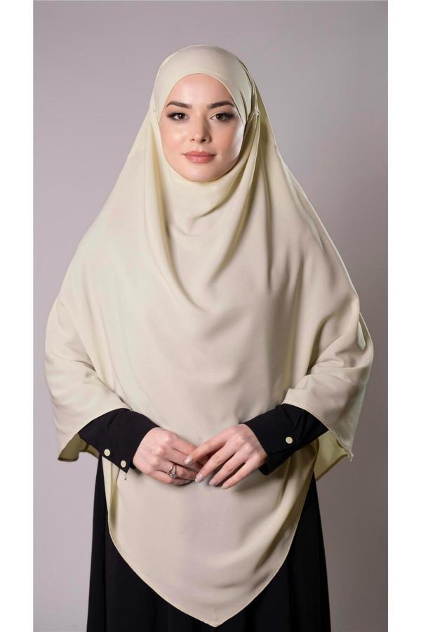 Hürrem Bone Ekru Pratik Hazır Geçmeli Tesettür Eşarp Medine İpeği Bağcıklı Çift Katlı Sufle Hijab 2302_27 - Image 1