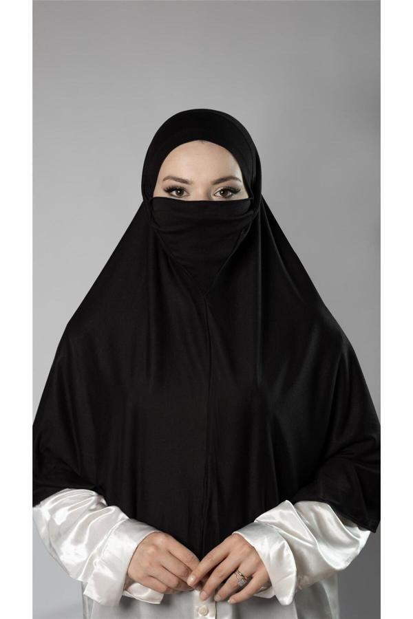 Hürrem Bone Siyah Pratik Hazır Geçmeli Tesettür Eşarp Viskon Arkası Lastikli Peçeli 2112_01 - Image 1