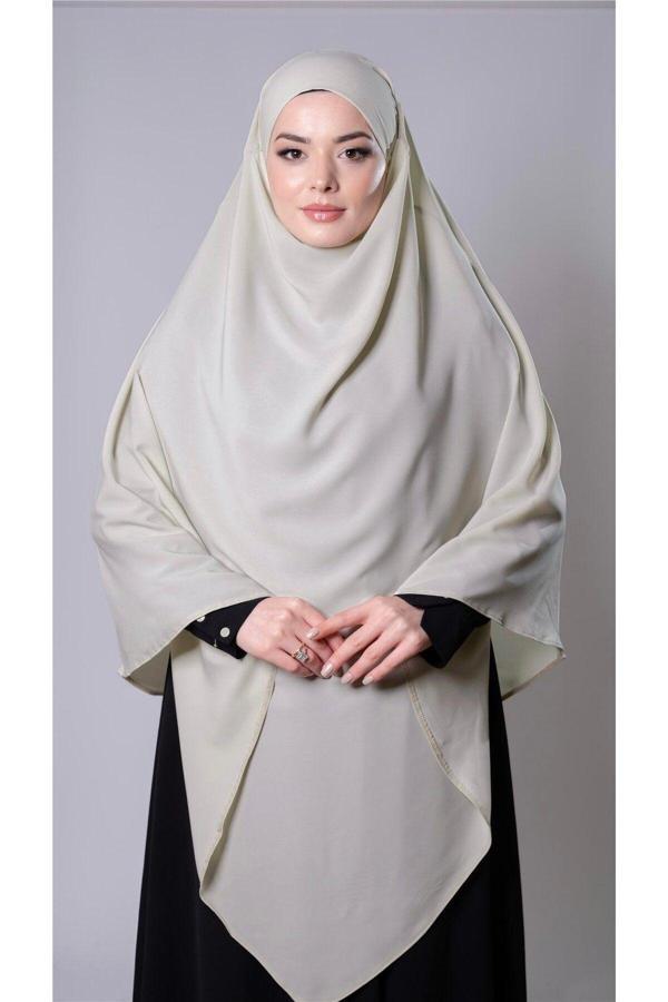 Hürrem Bone Ekru Pratik Hazır Geçmeli Tesettür Eşarp Medine İpeği Bağcıklı Sufle Hijab 2301_27 - Image 1