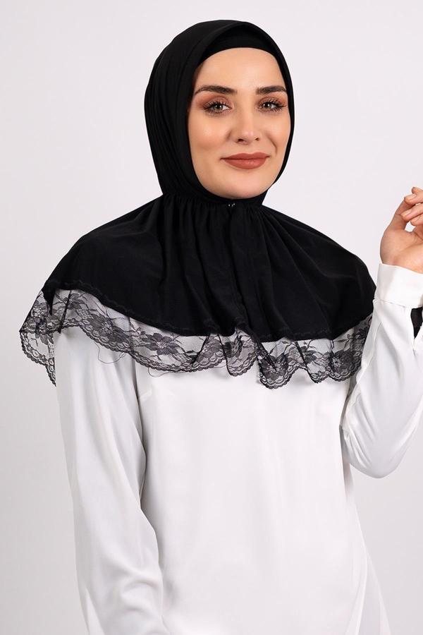 Hürrem Bone Siyah Pratik Hazır Geçmeli Tesettür Eşarp Viskon Kumaş Çıtçıtlı Dantelli 2105_01 - Image 1
