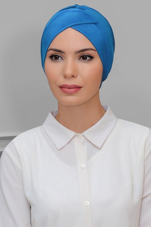 Hürrem Bone Mavi Pratik Hazır Geçmeli Tesettür Bone Sandy Kumaş Çapraz Büzgülü 1801_34 - Image 1