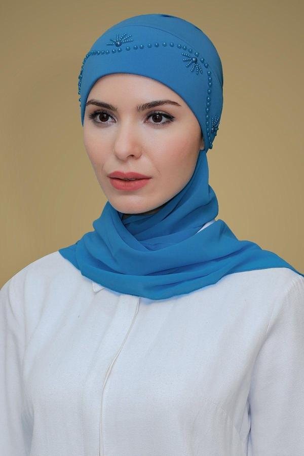 Hürrem Bone Mavi Pratik Hazır Geçmeli Tesettür Bone Sandy Kumaş Güllü Işlemeli Şifon Atkılı 1206A_34 - Image 1