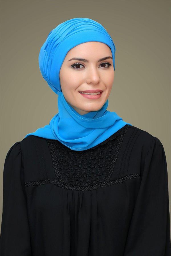 Hürrem Bone Mavi Pratik Hazır Geçmeli Tesettür Bone Sandy Kumaş Incili Nervürlü Güllü Atkılı 1805A_34 - Image 1