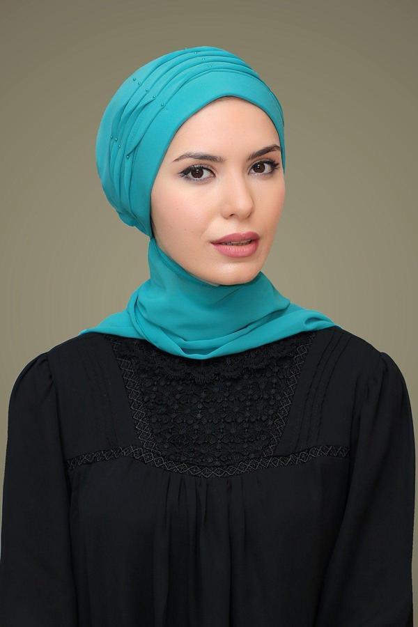 Hürrem Bone Mint Y. Pratik Hazır Geçmeli Tesettür Bone Sandy Kumaş Incili Nervürlü Güllü Atkılı 1805A_13 - Image 1