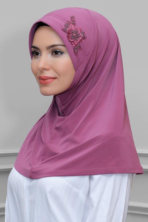 Hürrem Bone Fuşya Pratik Hazır Geçmeli Tesettür Eşarp Sandy Kumaş Elişi Çiçek Işlemeli Güllü 1602_20 - Image 1