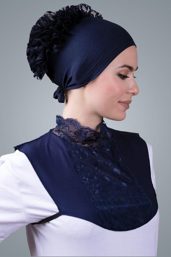Hürrem Bone Lacivert Tesettür Boyunluk Viskon Kumaş Göğüs Dantelli 1005_02 - Image 1