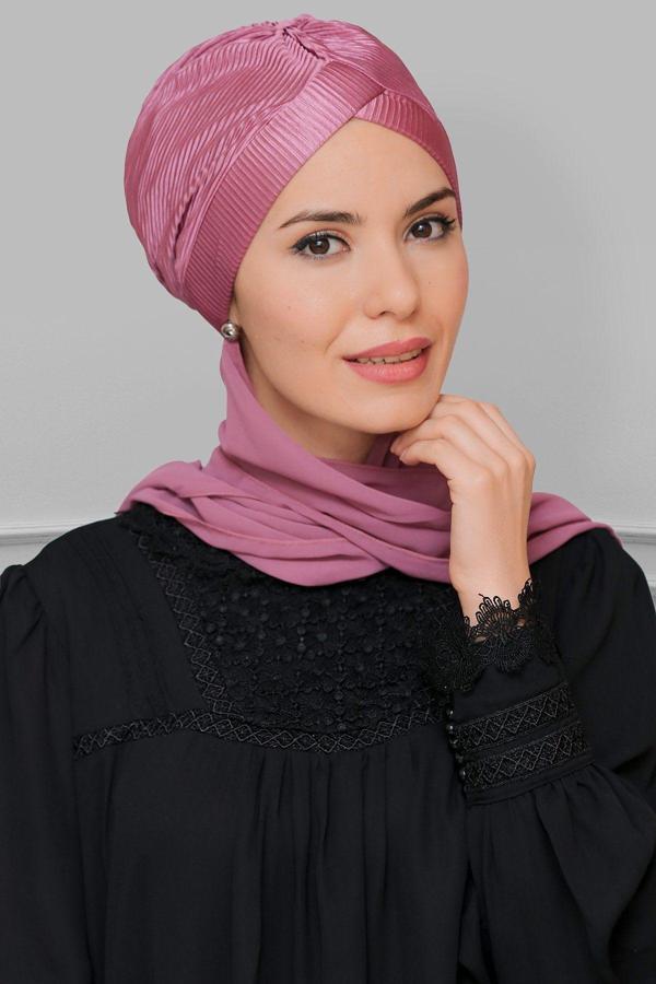 Hürrem Bone Gül K. Pratik Hazır Geçmeli Tesettür Bone Fukuro Piliseli Tek Çapraz Büzgülü Şifon Atkılı 1824A_18 - Image 1