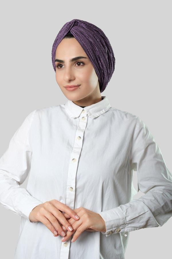 Hürrem Bone Mor Çapraz Büzgülü Piliseli Tesettür Bone Fukuro Kendinden Desenli 2316_22 - Image 1