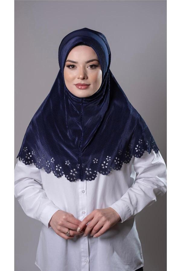 Hürrem Bone Lacivert Pratik Hazır Geçmeli Tesettür Eşarp Fukuro Kumaş Piliseli Çiçek Desenli Lazer Kesim 1829_02 - Image 1