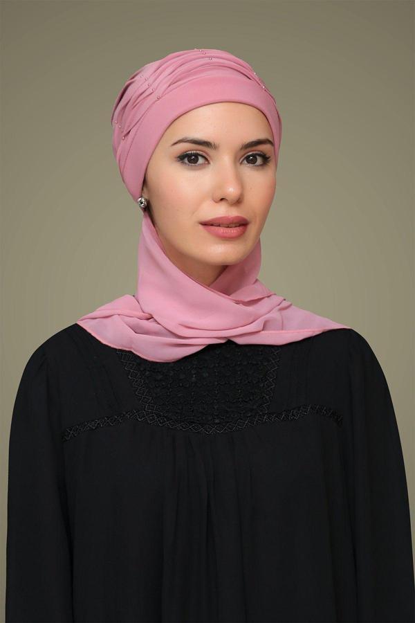 Hürrem Bone Gül K. Pratik Hazır Geçmeli Tesettür Bone Sandy Kumaş Incili Nervürlü Güllü Atkılı 1805A_18 - Image 1