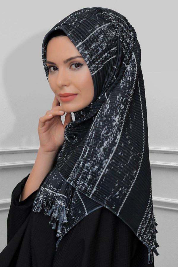 Hürrem Bone Füme Pratik Hazır Geçmeli Tesettür Eşarp Kesik Elyaf Piliseli Çizgili Desenli 1818D2_25 - Image 1