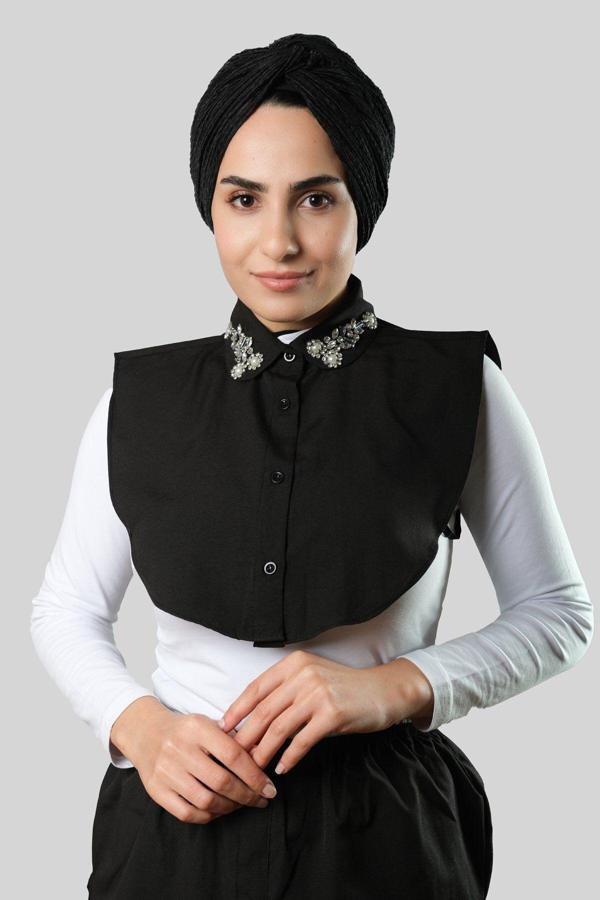 Hürrem Bone Siyah Gömlek Yakalı Boyunluk Terikoton Taşlı Çiçek Desenli 1016_01 - Image 1